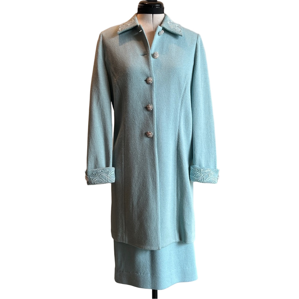 Vintage St John Evening Blue Knit Crystal 2Pc Skirt and Jacket Suit Quiet Luxury